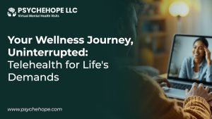 A person in a yellow sweater looks at a laptop displaying a smiling woman during a telehealth mental health session. The screen shows 