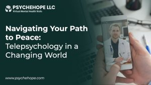 A hand holds a smartphone displaying a video call with a male therapist or psychiatrist. The screen shows 