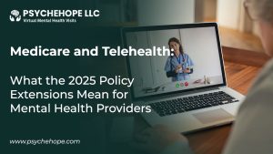 A person is engaged in a **telehealth mental health** video call on a laptop, featuring a female medical professional. The screen displays the title 