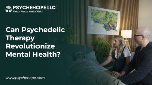 A male patient with a sleep mask lies on a couch, holding hands with a female therapist and another person in what appears to be a psychedelic therapy session. The image is for a blog post titled 